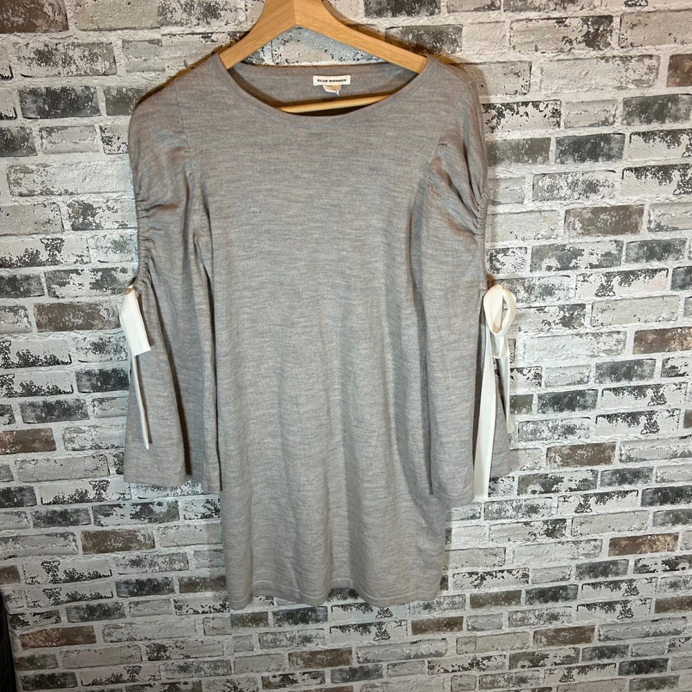 Club Monaco Sweater Dress Womens Medium Grey Merino Wool Ribbon Tie Bell